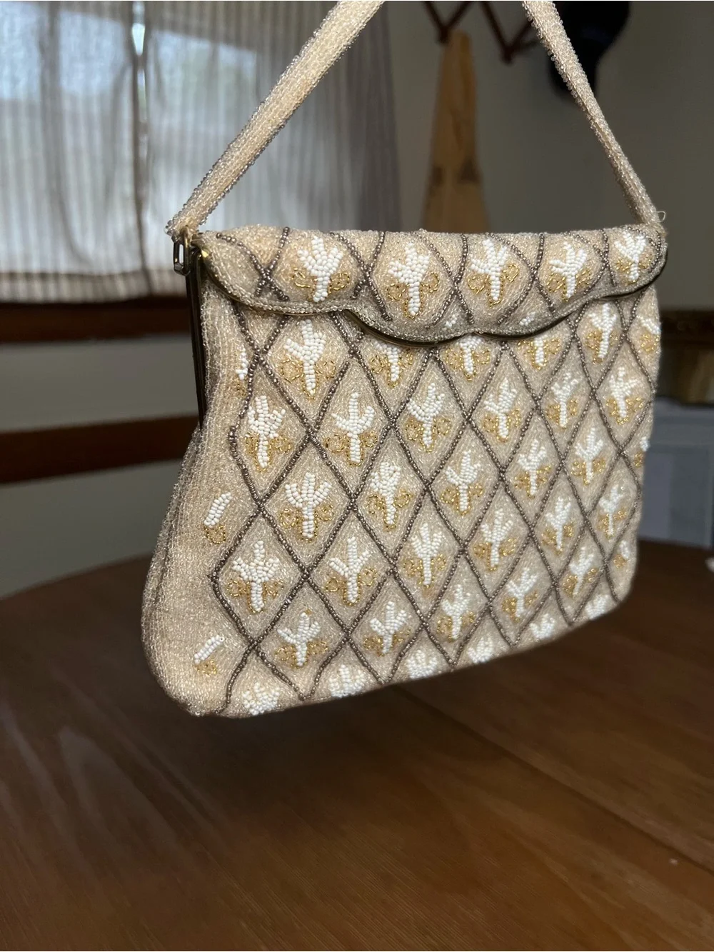Vintage Cream White Beaded Beige Evening Shoulder Purse Western